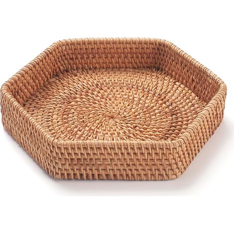 Hexagonal Plateau de Service Rotin pour Table Basse Tressé Panier Plateaux Décoratifs pour Ottoman Natural (22cm x 4.5cm)