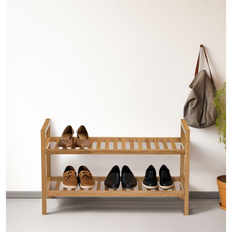 Hallowood Furniture Waverly Oak Narrow Shoe Rack, 2 Tier Stackable Oak Shoe Storage Stand for Hallway or Entryway, Compact Wooden Organiser Can Hold Up to 6 Pairs Adult Footwear (1/5)