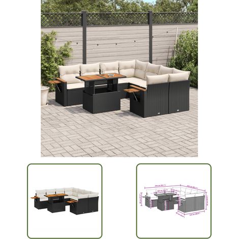 The Living Store 9-tlg. Garten-Sofagarnitur mit Kissen Schwarz Poly Rattan - Gartenmöbel Set - PE-Rattan Möbel - Outdoor Lounge - Gartenlounge - Terrassenmöbel (1/3)