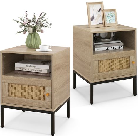 Comodino con spazio di stoccaggio ripiano aperto e armadietto con porta Tavolino bohemien in rattan Naturale 2 Pezzi (1/5)