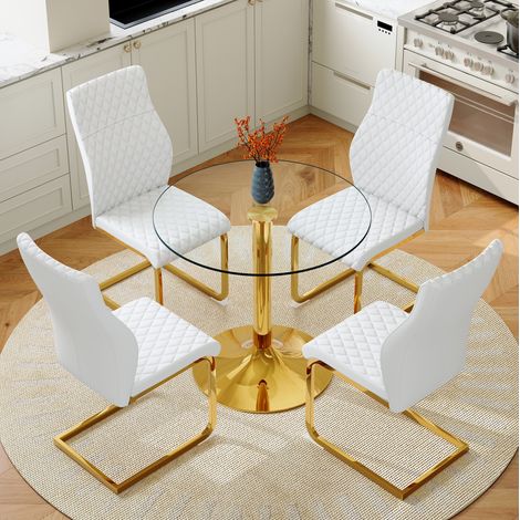 Ensemble repas table ronde 85 cm en verre, chaises blanches et dorées, gain de place FloraGrace (1/5)