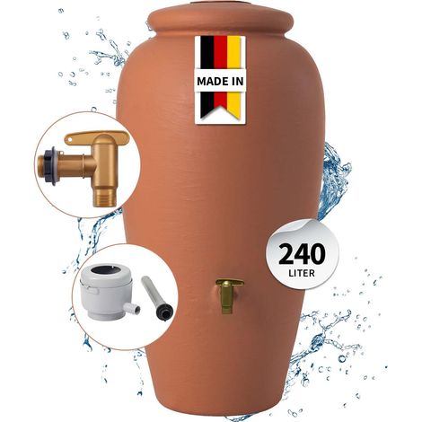 GARANTIA Amphore Regentonnen Komplett-Set 240 Liter terrakotta inkl. Kunststoff-Auslaufhahn und Fallrohranschluss