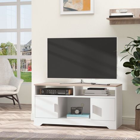 HOMCOM Meuble TV banc TV en bois grand espace de rangement avec 2 compartiments ouverts 2 armoires à porte une armoire ouverte 105 x 40 x 52 cm effet bois blanc
