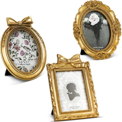 Lot de 3 petits cadres photo ovales 6,3 x 8,9 cm - Doré - Style baroque vintage - Ornement antique - Cadre photo ovale en résine - Cadre de table - Décoration d'intérieur et de mariage (1/5)