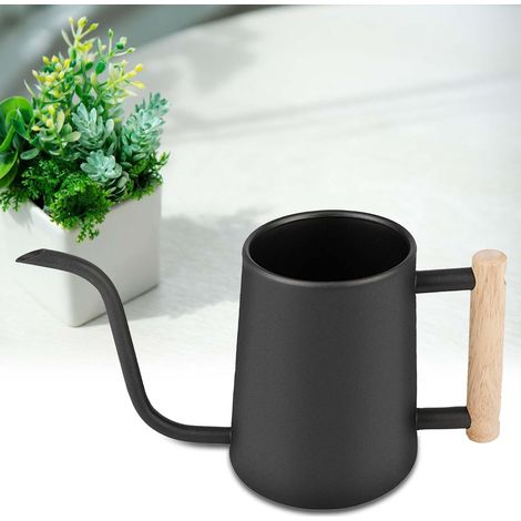 Arrosoir d'intérieur en acier inoxydable noir 1 l - Arrosoir pour plantes d'intérieur avec long bec et poignée en bois confortable - Peut arroser 1 l pour les petites plantes en pot et les plantes (1/5)
