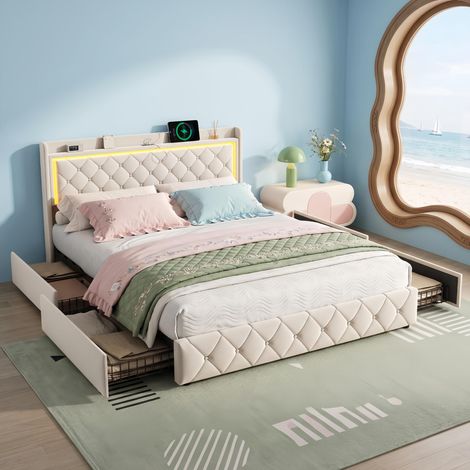 Lit 140x190 avec tiroirs, lit double rembourré avec 4 tiroirs, tête de lit décorée de losanges avec bande lumineuse LED intégrée, port de charge USB, velours, Beige