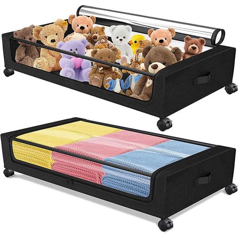 2 PCS Rangement sous lit, Conteneur métal tissu, Roues 360 degrés, Couvercle PVC, Pour chambre salon (1/5)