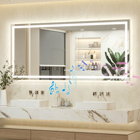 Keonjinn Miroir salle de bain bluetooth 180x80cm, miroir lumineux avec éclairage avant/arrière, 3 couleurs de lumière réglables, mémoire, anti-buée, IP44, pose horizontale/verticale (1/5)