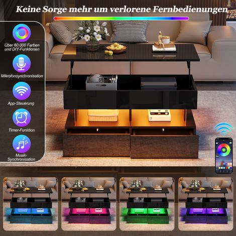 Table basse relevable 100x50x46 cm, table de salon avec plateau réglable en hauteur, rangement caché, table d'appoint brillante avec LED, 2 tiroirs, noir, MDF et acrylique (1/5)