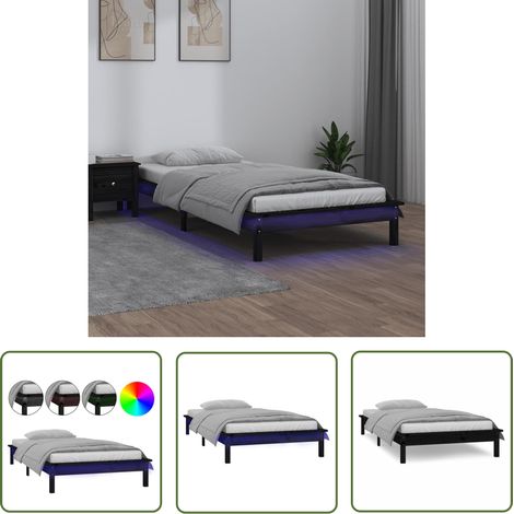 The Living Store Cadre de lit à LED sans matelas noir 75x190 cm bois massif - Cadre De Lit - Lit Simple - Bois Massif - Lumieres Led - Chambre À Coucher (1/5)