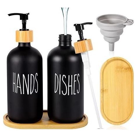 Distributeur de Savon Noir Mat Set 500ml Distributeur de Savon en Verre Distributeur Savon Noir Distributeur de Liquide Vaisselle Flacon Pompe pour Cuisine,Douche.avecPlateau,Entonnoir (2pcs) (1/5)