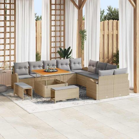 Salon de Jardin Modulaire 13 Pièces avec Rangement Polyrotin et Bois d'Acacia Beige Gris Clair - PANGIVO (1/5)