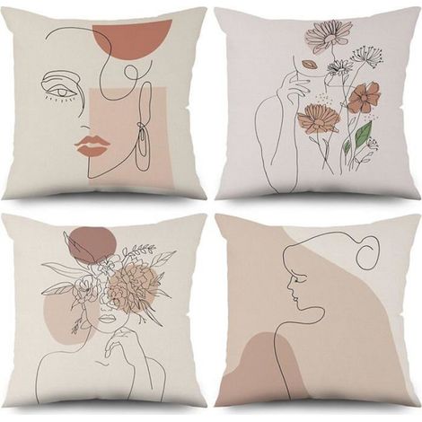 Lot de 4 Housses de Coussin Boho Art Abstrait Moderne Fille Fleur Beige 50x50cm, Décoratives pour Canapé, Lavable OREILLER (1/5)