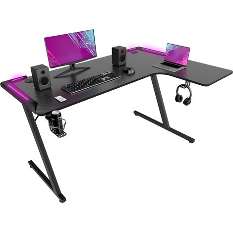 Shigeru - Eck-Gaming-Schreibtisch 140x99x76 cm mit LED aus MDF und schwarzem Metall