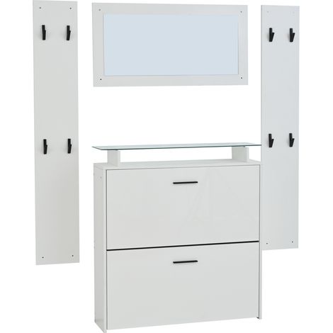 Set ingresso 4 pezzi con scarpiera alta lucida, 2 appendiabiti a parete e specchio, bianco (1/5)