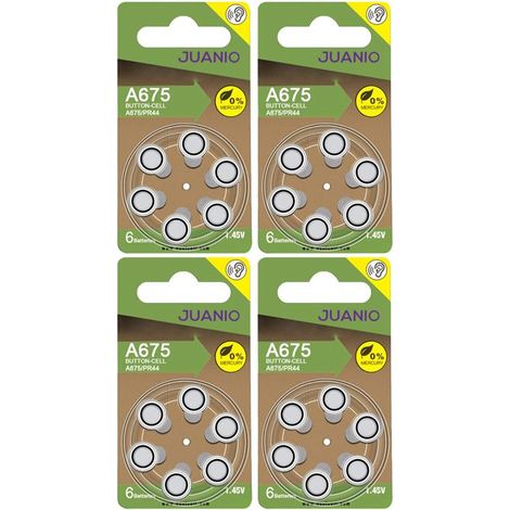 Lot de 24 Piles bouton Zinc Air 1,45V type A675/675 compatibles PR44 pour appareils auditifs - Juanio - (1/2)