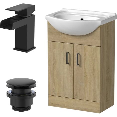 560mm Oak Bathroom Vanity Unit Basin Freestanding Black Waterfall Tap & Waste (1/5)