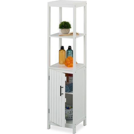 Relaxdays Badezimmerschrank, HxBxT: 129 x 30 x 30 cm, 4 Fächer, MDF, schmaler Badschrank, Badezimmer Midischrank, weiß