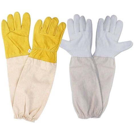 Gants d'apiculture 2 Paire Beekeeping Gloves Gants de Protection en Peau de Mouton avec Manches pour Apiculteurs (Jaune Blanc)359cm (1/5)