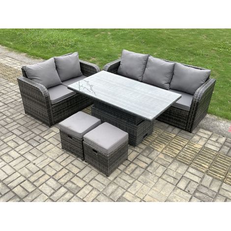 Fimous Outdoor Rattan Garden Furniture Sets Height Adjustable Rising lifting Dining Table Lounge Sofa Set With Love Sofa 2 Small Footstools Dark Grey Mixed (1/5)