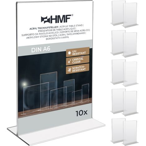 HMF Acryl Tischaufsteller DIN A6, Doppelseitiger T-Ständer Aufsteller, 10 Stück, Hochformat, Glasklar