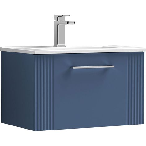 Nuie Deco Satin Blue 600mm Wall Hung Single Drawer Vanity Unit and Curved Ceramic Basin - DPF394G (1/5)
