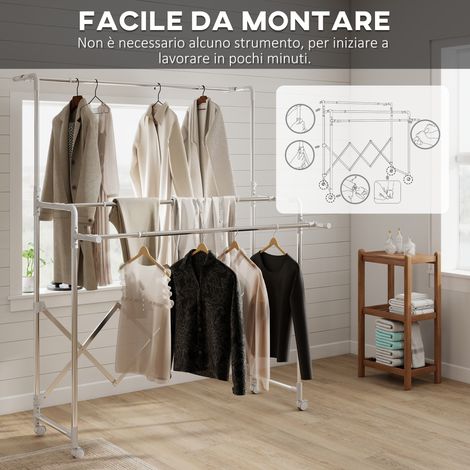 Stendibiancheria pliable en acier inoxydable, 3 tiges ajustables, roulettes pivotantes, couleur argent, pour séchage linge. (1/5)