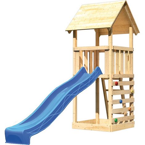 Akubi Lotti Satteldach natur Rutsche blau+Kletterwand