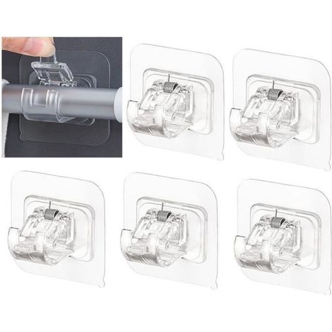 6 pièces Crochet pour tringle à rideaux, auto-adhésif sans perçage, support transparent en ABS, pour salle de bain et cuisine