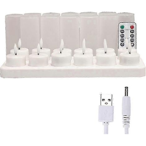 Lot de 12 bougies chauffe-plat LED rechargeables par USB avec télécommande et base de chargement (Édition 0724) (1/5)