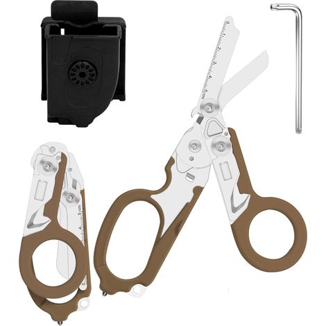 1 - Ciseaux De Secours - Outil Multifonction - Pliable Avec Briseur De Verre Et Coupe Ceinture - Pour Urgences Médicales Et Camping - Marron - 20,7x9x2cm (1/5)