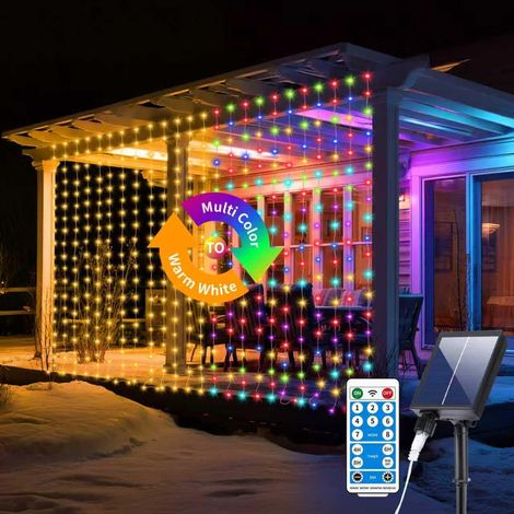 3 EN 1 Rideau lumineux solaire d'extérieur 3 x 3 m, guirlande lumineuse à 300 LED, 8 modes, rideau lumineux solaire étanche IP65 avec télécommande, minuterie et fonctions de mémorisation (1/5)