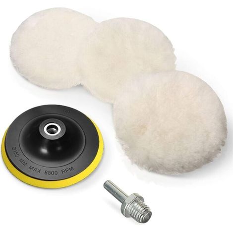 Lot de 5 tampons de polissage en laine et en laine pour polissage de roue 150 mm avec adaptateur de perceuse M14 (1/4)