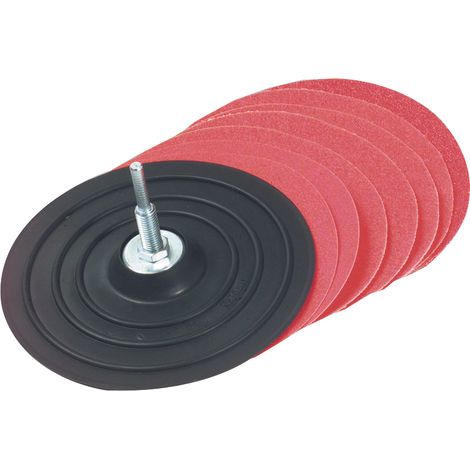 Tivoly • 9 Pièces • Plateau Ponceur Auto-Agrippant pour Perceuse & sa Monture • Caoutchouc • Ø125mm • Tige Ø8mm • 8 Disques Abrasives