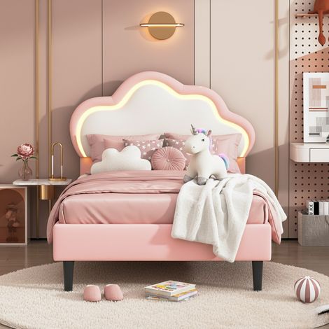 Letto singolo Letto per bambini 90x200 cm con LED e Testiera a Nuvola Regolabile, Letto imbottito principessa in Similpelle, Struttura in Legno e Metallo, Rosa (1/5)