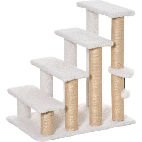 Scala per animali domestici con tiragraffi, 4 gradini, 60 x 40 x 64 cm, bianca (1/5)