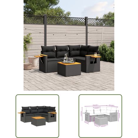 The Living Store Salon de jardin 5 pcs avec coussins noir résine tressée - Ensemble Salon De Jardin - Canapé Extérieur - Meuble De Jardin - Rotin Synthétique - Résine Tressée