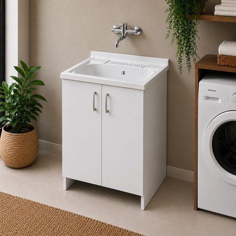 Mobile lavatoio 60x50 cm bianco con 2 ante completo di vasca in resina e kit sifone (1/5)