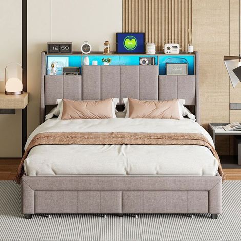 Letto matrimoniale 160x200 cm - Legno robusto - Cassetti integrati - Luci RGB regolabili - Design moderno