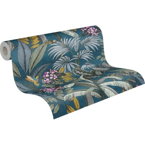 Papier peint intissé Motif jungle Bleu vert jaune 10,05m x 0,53 m - Fabriqué en Allemagne (1/5)