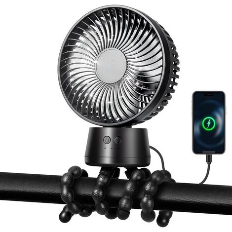 10000mAh Kinderwagenventilator, tragbarer Ventilator mit LED-Licht, 3 Geschwindigkeitsstufen, USB-wiederaufladbarer Ventilator für Kinderwagen, Babybett, Autositz, Büro, Reisen (Schwarz) (1/5)
