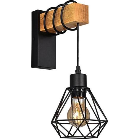 Vintage-Wandleuchte, Industriedesign aus Holz und Stahl, E27-Fassung, 15 cm hoch, für Wohnzimmer, Schlafzimmer, Flur (1/5)