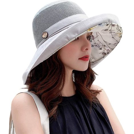 Chapeau de soleil en maille pour femme - Protection UV UPF - Large bord - Sangle menton (1/5)