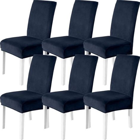 Housses de chaise extensibles, douces et universelles, ensemble de 6 pièces en velours, bleu foncé classique, lavables en machine. (1/5)