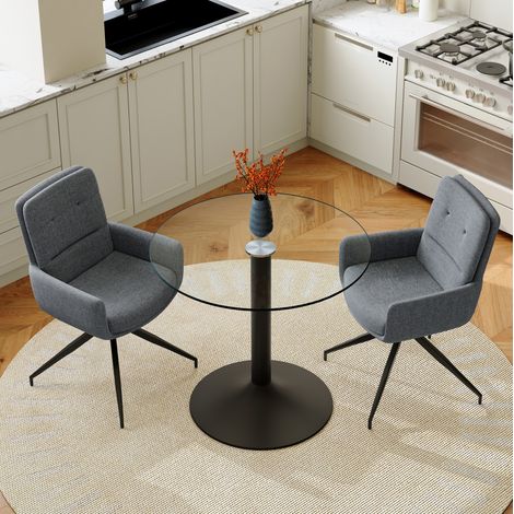 MEUBLIV Ensemble table à manger ronde 85 cm verre transparent noir – 2 chaises pivotantes (1/5)