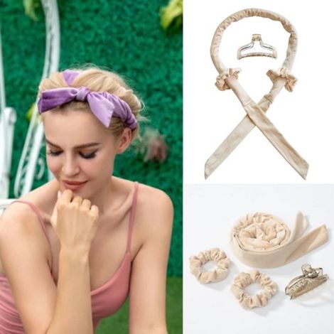 Kit de 4 pièces pour boucles sans chaleur : bigoudis, fer à friser, élastiques et pinces, en flanelle beige. (1/5)