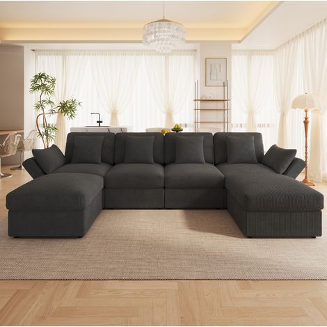 Canapé d'angle en U 6 places en velours côtelé, modulable, accoudoirs réglables, pouf amovible, pour salon et chambre, gris (1/5)