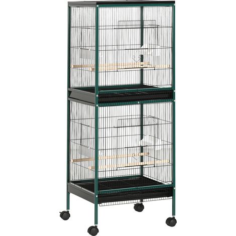 Großer Doppelvogelkäfig auf Ständer mit Futtertrögen, Sitzstangen, herausnehmbarer Schale und Rollen – Maße: 51,5 cm (L) x 50 cm (B) x 140 cm (H)