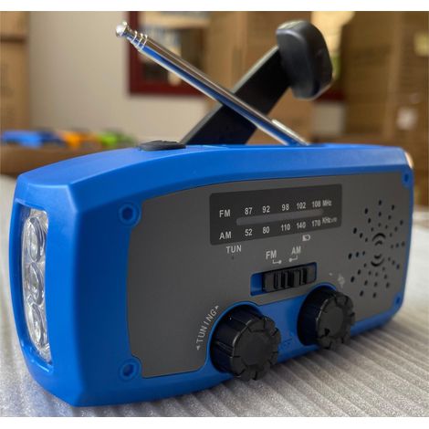 Radio d'urgence à manivelle et cellules solaires, lampe torche LED, batterie 2000 mAh, radio AM/FM portable avec prévisions météo, bleue (1/5)
