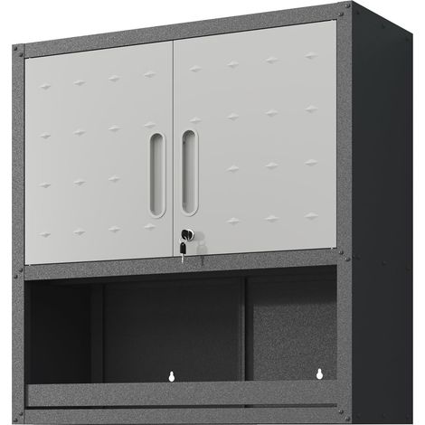 Wandmontierbarer Metall-Werkzeugschrank mit Schließtür, 1 Einlegeboden & 1 offenem Schub – 75 × 77 × 30 cm, grau, für Garage, Lager, Büro (Montage erforderlich) (1/5)